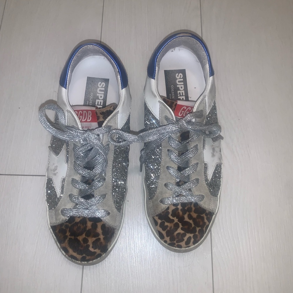 Golden Goose Mixed Media Low Top Glitter and Cheetah Print Sneakers Size EU 36
